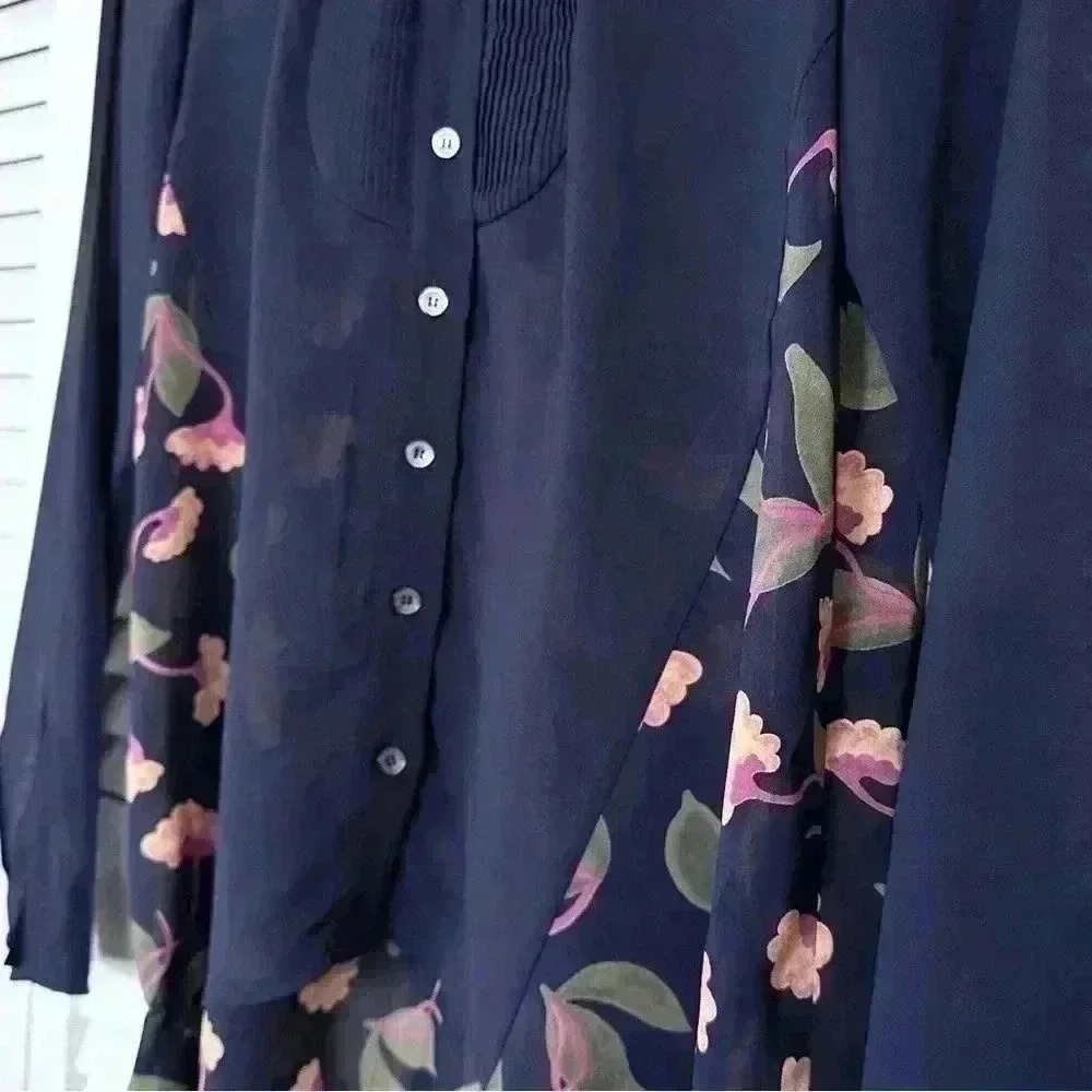 Anthropologie Maeve Ira Button Down Floral Tunic Top Pleated Bib Navy Blue - Picture 6 of 13
